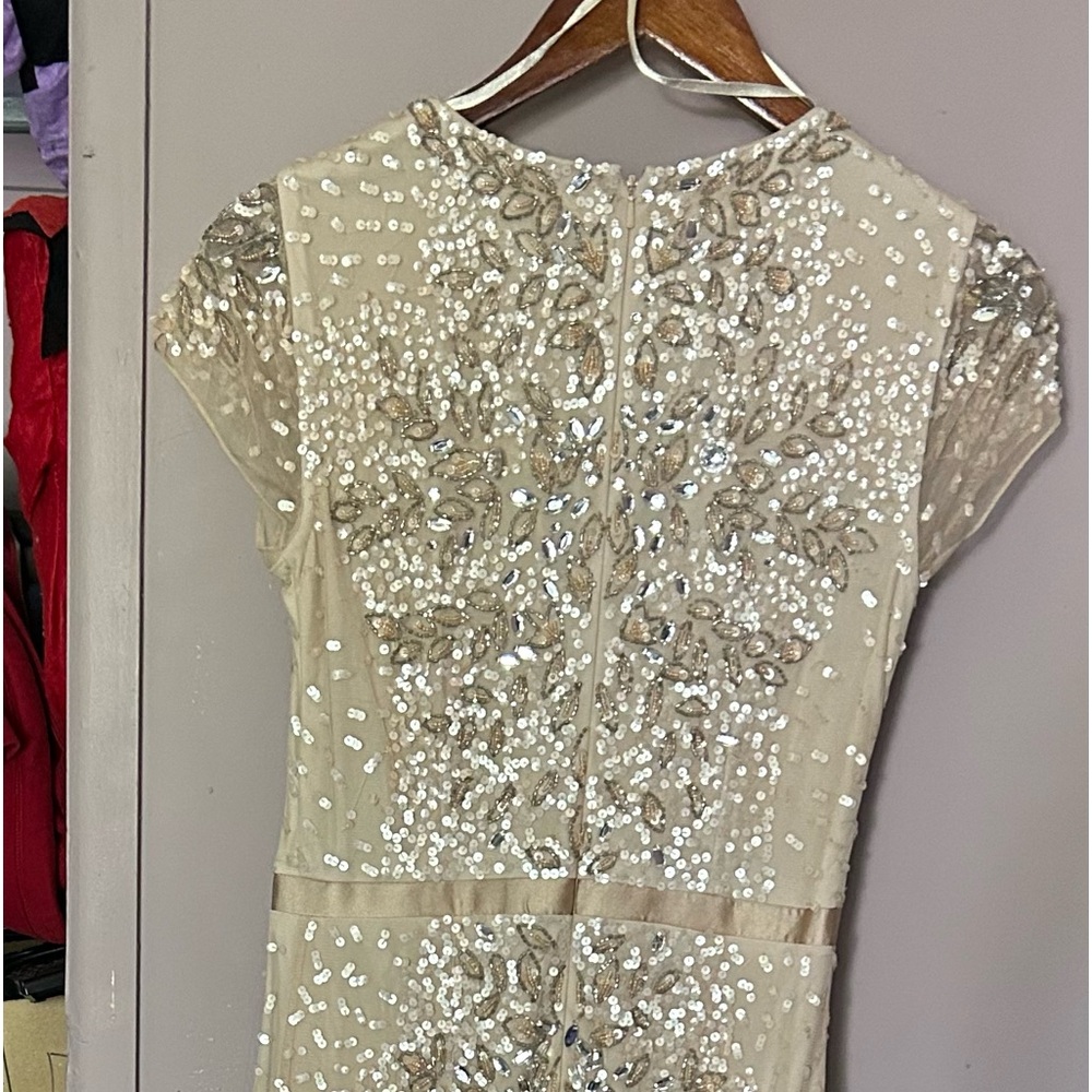 Adrianna Papelli Beaded Cream colored embroidered cap sleeved long dress